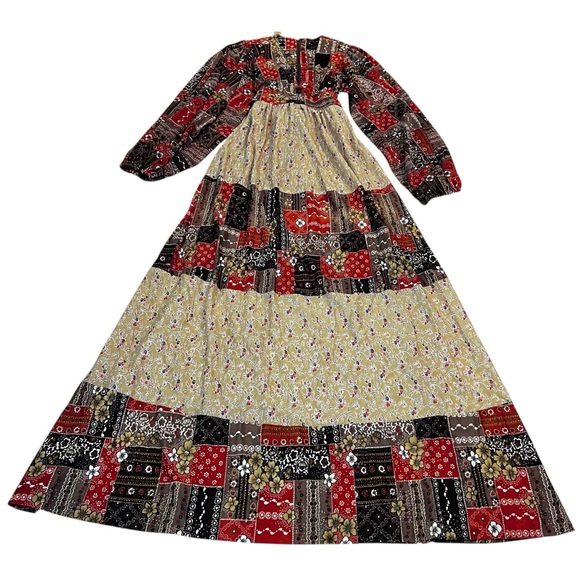 Vintage‎ 70s Patchwork Prairie Maxi Dress Balloon Sleeves XS Boho Hippie - Picture 2 of 12